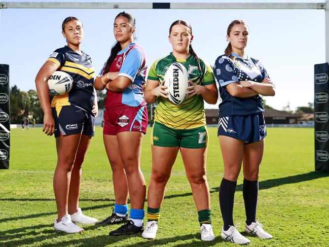 NRL Schoolgirls Cup players Mya Muller from Westfields Sports High School, Tayleah Pasili from Hills Sports High School, Sophie Smith from Hunter Sports High School and Aaliyah Boland from Matraville Sports High School. Picture: Tim Hunter.