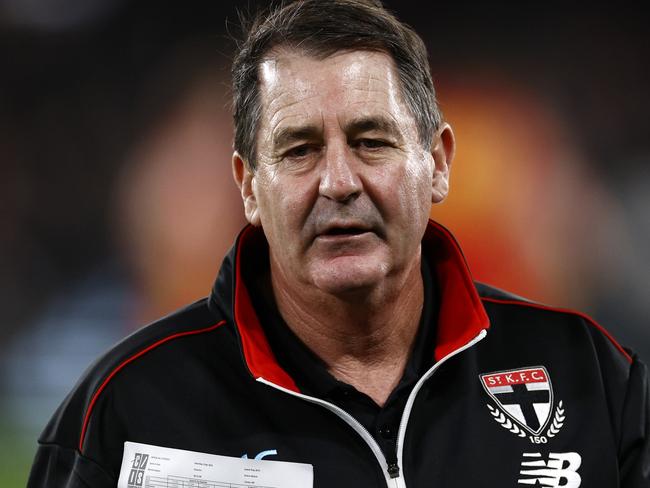 MELBOURNE, AUSTRALIA - APRIL 08: Ross Lyon, Senior Coach of the Saints walks from the 3/4 time huddle during the round four AFL match between St Kilda Saints and Gold Coast Suns at Marvel Stadium, on April 08, 2023, in Melbourne, Australia. (Photo by Darrian Traynor/Getty Images)