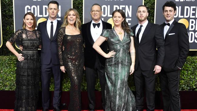 The Hanks family at the 2020 Golden Globes. From left: Samantha Bryant, Colin Hanks, Rita Wilson, Tom Hanks, Elizabeth Ann Hanks, Chet Hanks, and Truman Theodore Hanks. Picture: Frazer Harrison/Getty Images