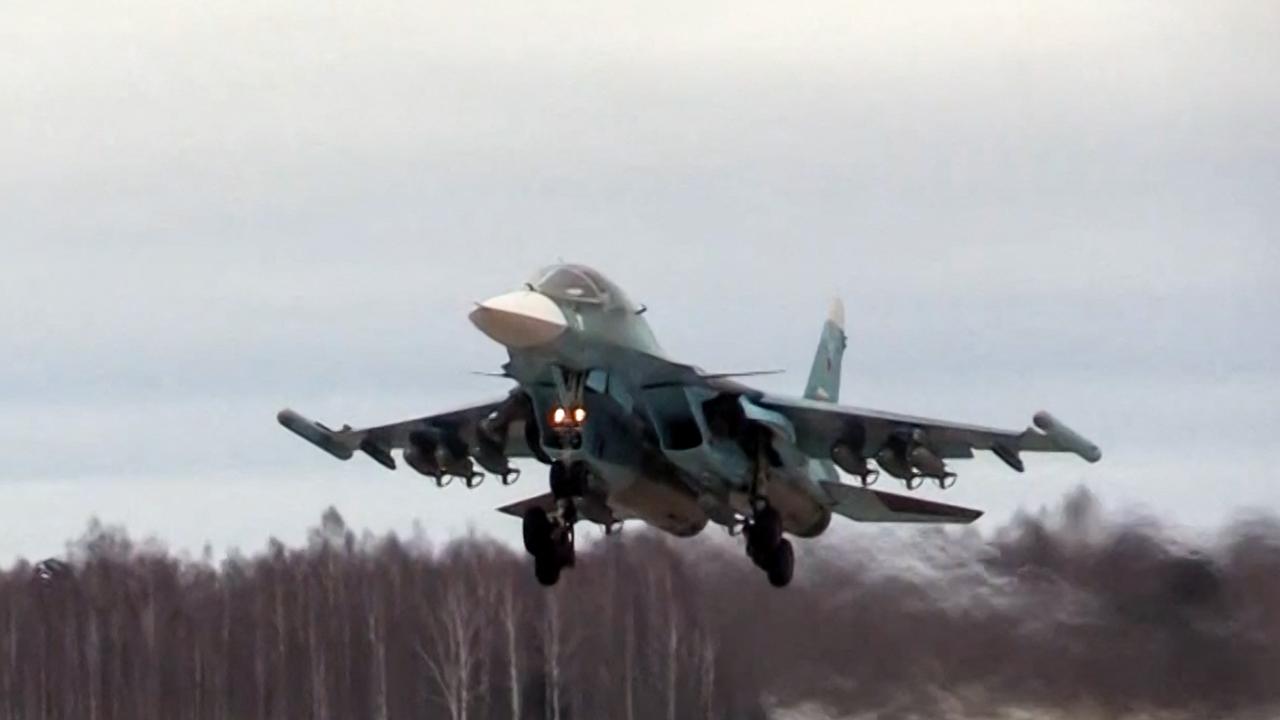 This video grab taken from a handout footage released by the Russian Defence Ministry on March 6, 2022 shows Russian Sukhoi Su-34 fighter-bomber takes off a missile strike amid Russia's ongoing military operation in Ukraine. Picture: AFP / Russian Defence Ministry