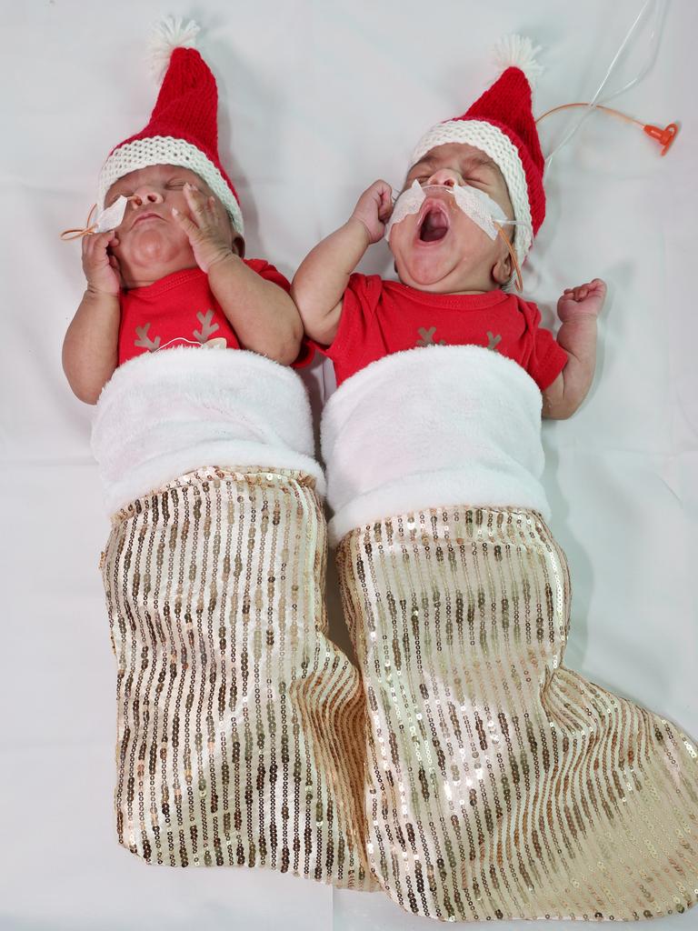 Born 16 weeks early at Mater Mothers‘ Hospital at South Brisbane, Aaliya and Aashay will enjoy Christmas at home. Picture: Supplied