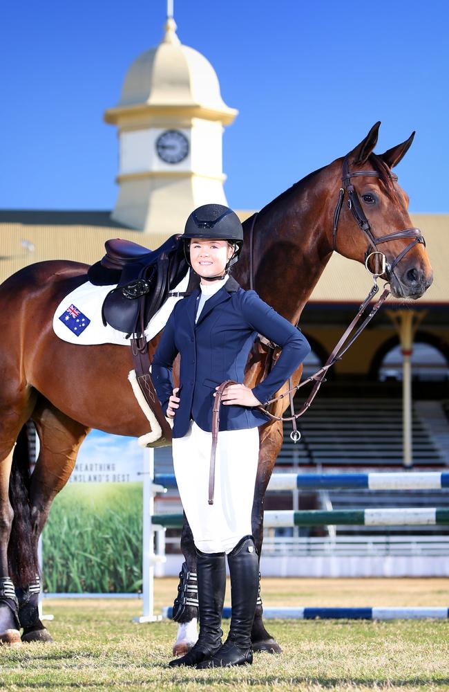 Maleah Lang-McMahon, 17, with her horse PSS Chantilly at the RNA. Picture: Steve Pohlner