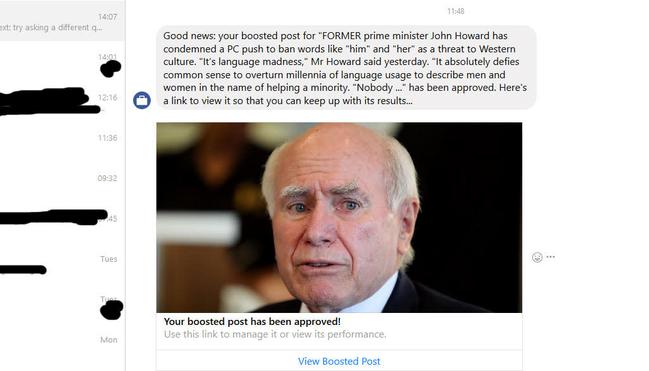 Screenshot of Facebook’s approval of the boosted post. Picture: Australian Family Coalition