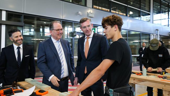 Premier Dominic Perrottet, Minister for Skills and Training Alister Henskens, and Member for Ryde Victor Dominello meet new students during the opening of a new state-of-the-art training facility at Tafe Meadowbank in Sydney. Picture: Gaye Gerard / NCA Newswire