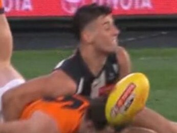 Nick Daicos could be in trouble for this tackle on Brent Daniels. Photo: Seven