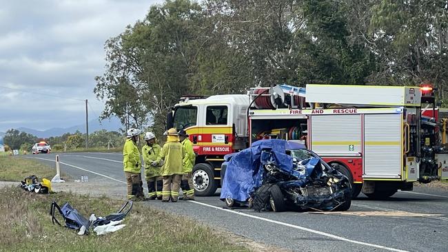 The scene of the two-vehicle crash on Shute Harbour Rd and Tyree Road at Mount Julian on July 11, 2023. Picture: Janessa Ekert and Estelle Sanchez