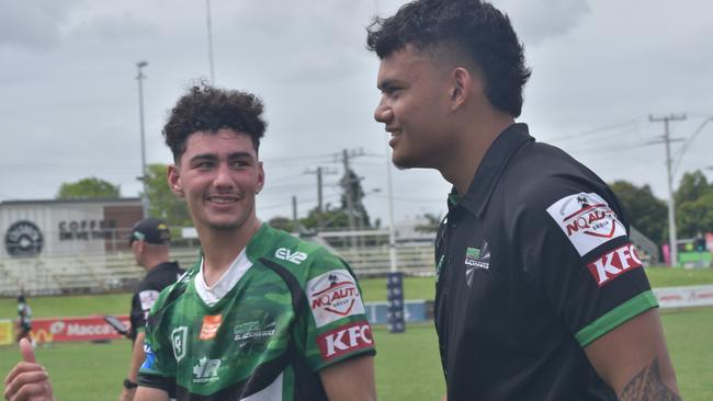 Townsville Blackhawks under-17s Marley Proctor and Eneliko Savelio at the CQ Capras versus Townsville Blackhawks underage games, Browne Park, Rockhampton, on February 17, 2024.