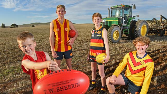 North Clare Roosters players Eddie Jones, 9, Sam Baum, 15, Archie Jones, 12, and Charlie Jones 15, at coach Warren Baum's farm at Farrell Flat. Picture: Tom Huntley