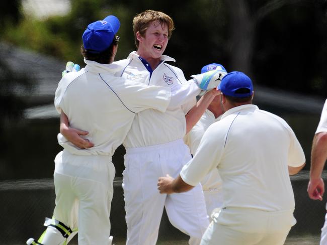 Mark Miller of Ballam Park celebrates getting the prize wicket of Nick Jewell in the MPCA match between the Knights and Sorrento in 2013.