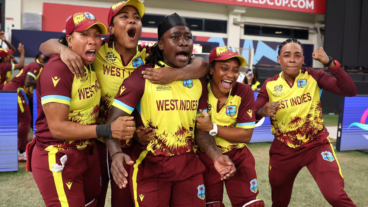 Players of West Indies celebrates victory. Photo by Alex Davidson-ICC/ICC via Getty Images