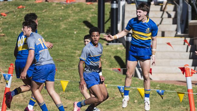 Adam Davis celebrates his try for Toowoomba Grammar School 1st XV against Churchie 1st XV in Round 4 GPS Queensland Rugby at TGS Old Boys Oval, Saturday, August 3, 2024. Picture: Kevin Farmer