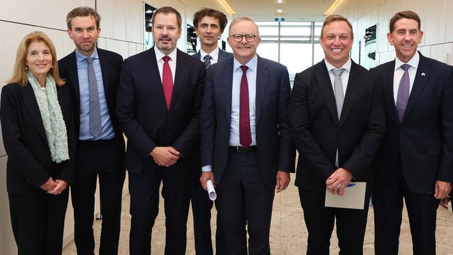 From left, US ambassador Caroline Kennedy, PsiQuantum CEO Jeremy O’Brien, Industry Minister Ed Husic, PsiQuantum chief architect Terry Rudolf, Prime Minister Anthony Albanese, Queensland Premier Steven Miles and Deputy Premier Cameron Dick. Picture: NCA NewsWire/Tertius Pickard