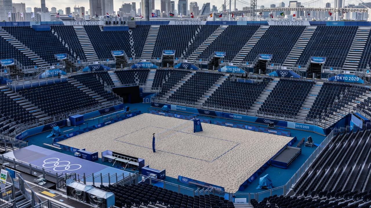 The beach volleyball stadium lies in wait for competition. Picture: Getty Images