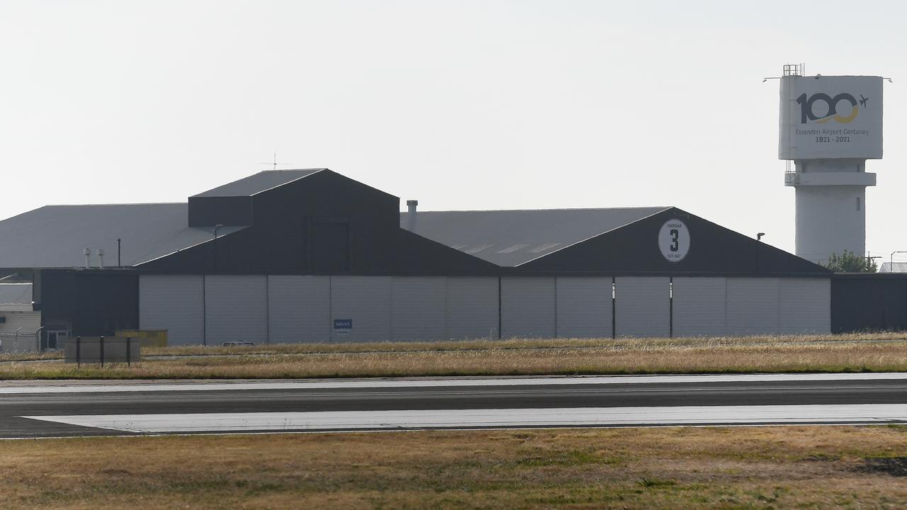 Police tape was seen outside the Jetworks Aviation hangar at Essendon Fields on Sunday evening Picture: NCA NewsWire/ Josie Hayden