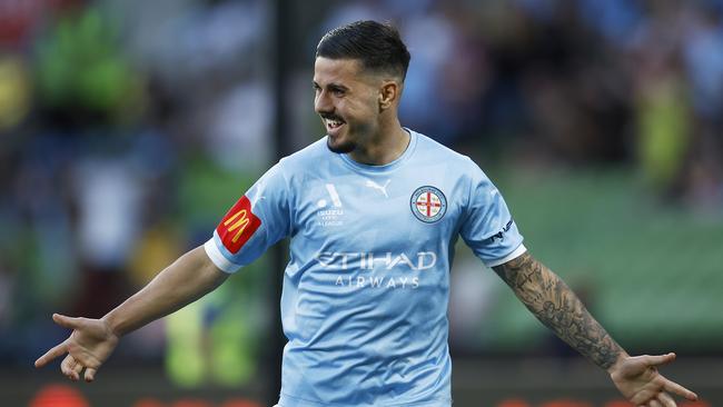 Melbourne City’s Marco Tilio celebrates scoring a goal. Picture: Daniel Pockett/Getty Images