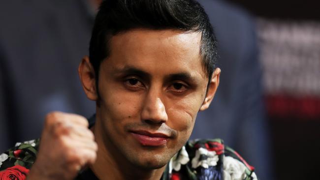 Moises Fuentes gestures during a press conference in Las Vegas in 2018. Picture: Getty Images