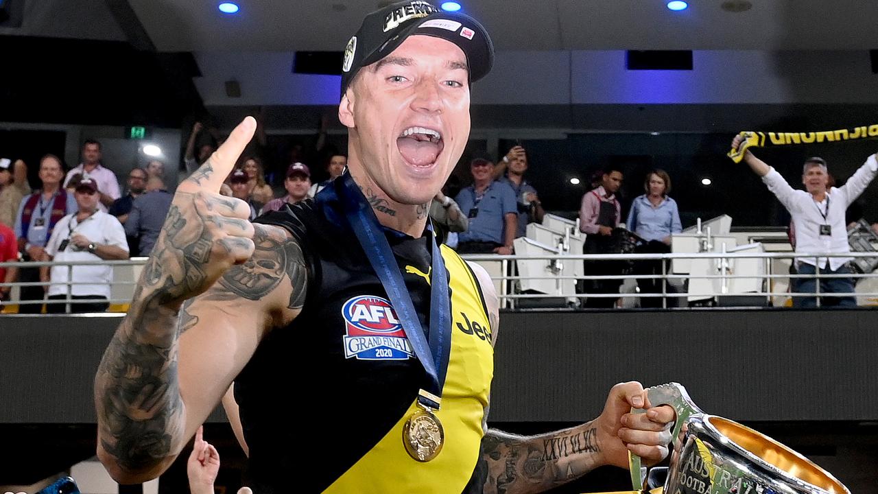 Dustin Martin with the 2020 premiership trophy. Picture: Bradley Kanaris/AFL Photos/via Getty Images