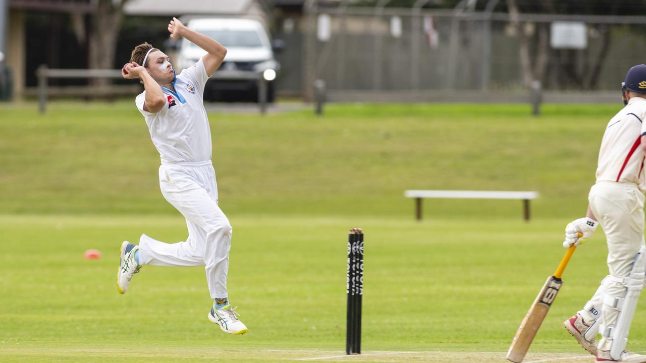 Sam Titterton bowls for Western Districts against Metropolitan-Easts in Reserve grade Toowoomba Cricket two-day grand final at Captain Cook ovals, Saturday, March 26, 2022. Picture: Kevin Farmer