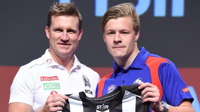 Collingwood coach Nathan Buckley with new draft pick Jordan De Goey. Picture: AAP Image/Dave Hunt