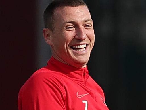 SYDNEY, AUSTRALIA - JULY 14: Mitchell Duke of the Wanderers smiles during a Western Sydney Wanderers training session at the Wanderers Centre of Football on July 14, 2020 in Sydney, Australia. (Photo by Mark Metcalfe/Getty Images)