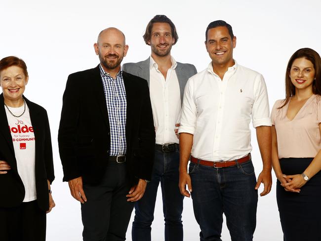 NSW election Candidates for Sydney L to R: Jo Holder (ALP), Jonathan Harms (Greens), Lyndon Gannon (Liberals),Alex Greenwich (Independent) Fiona Douskou (Small Business party). Picture: John Appleyard