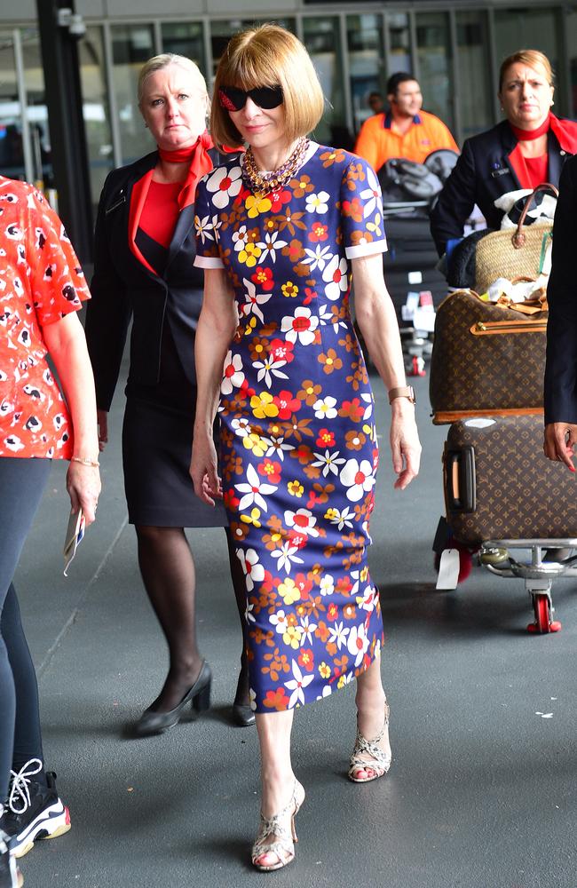 Anna Wintour wore a floral Tory Birch dress as she arrived at Melbourne Airport. Picture: Nicki Connolly