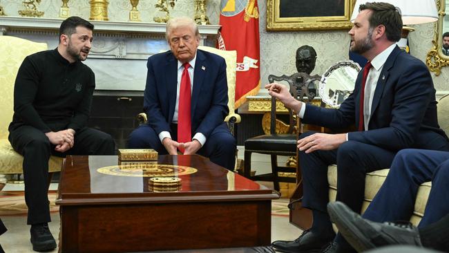 Ukraine President Volodymyr Zelensky with US President Donald Trump, Vice President JD Vance and the first moment the Coalition’s Australian election hopes were torched. Picture: Saul Loeb/AFP