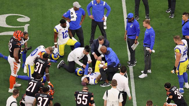 Odell Beckham Jr is assessed by Rams medical staff. Picture: Gregory Shamus/Getty