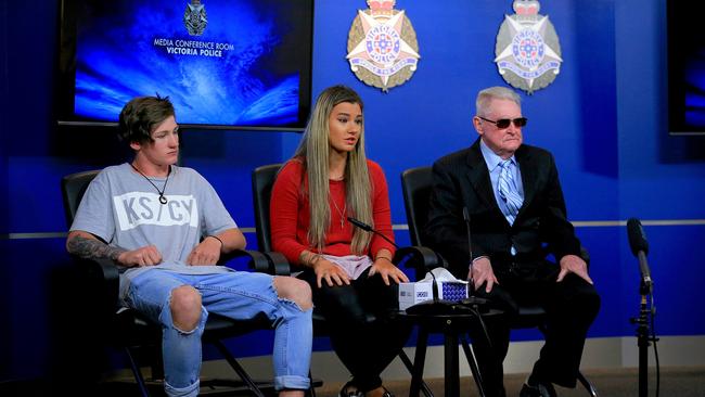 Cindy Crossthwaite's son Nicholas, then 18, daughter Jesmine, then 20, and father Philip speak to media at a press conference after her death. Picture: Mark Stewart