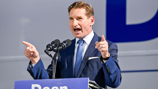 Dean Phillips holds a rally outside the New Hampshire Statehouse after declaring his candidacy last week in Concord. Picture: AFP