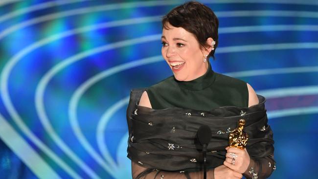 Olivia Colman accepts the award for Best Actress. Picture: AFP