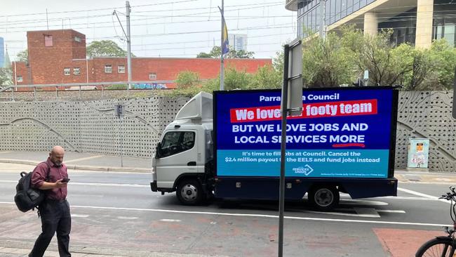 The United Services Union’s mobile advertising campaign slamming Parramatta Council’s partnership with the Eels.