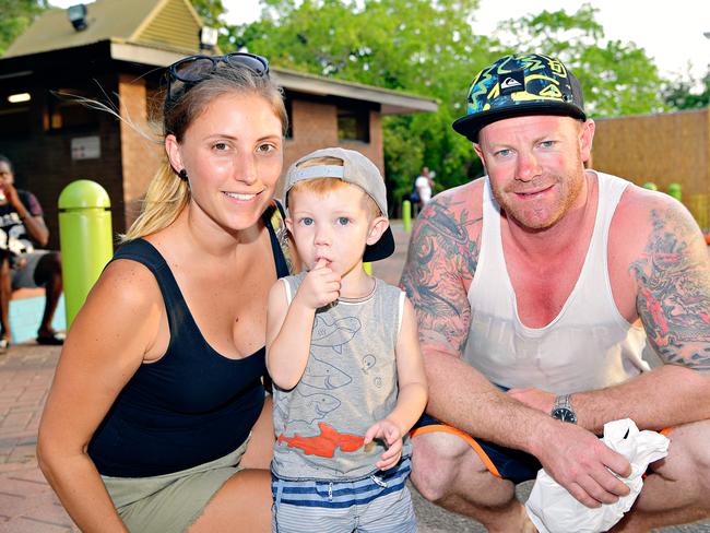 Vanessa Gilchrist, Blaise Smith, 2, and Brett Smith at the last Mindil Markets for 2017. Picture: Michael Franchi