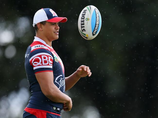 SYDNEY, AUSTRALIA - JUNE 01: Latrell Mitchell of the Roosters watches on during a Sydney Roosters NRL training session at Moore Park on June 1, 2016 in Sydney, Australia. (Photo by Jason McCawley/Getty Images)