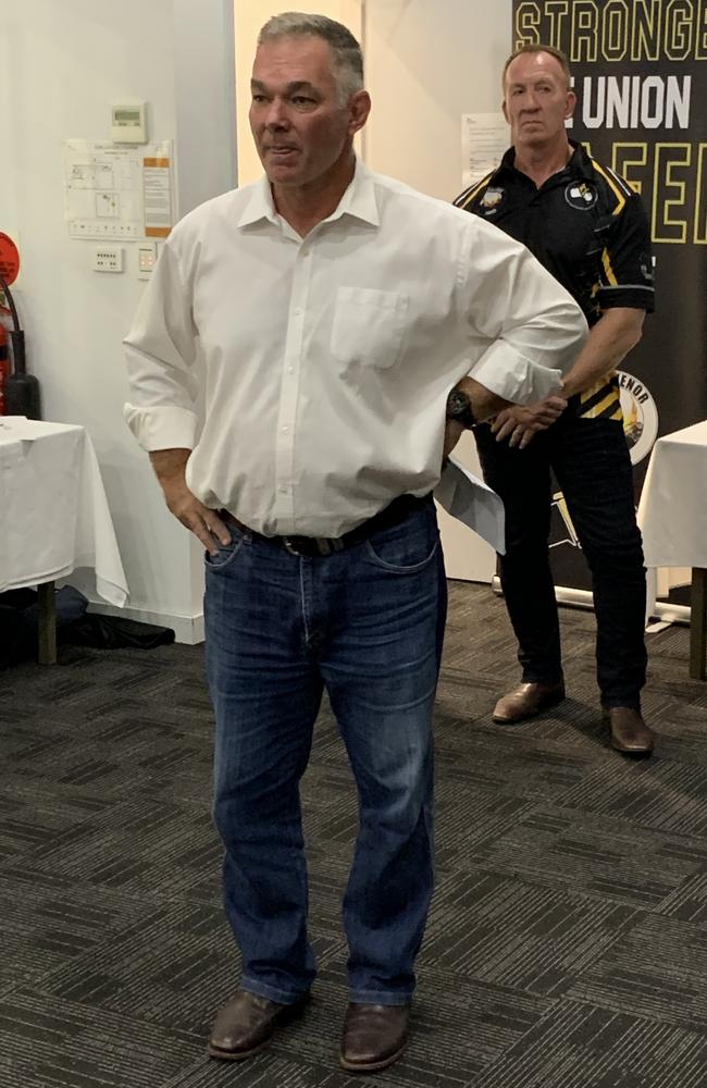 Resources Minister Scott Stewart talks to the miners at Civeo Camp in Moranbah. Grosvenor Lodge president Steven Hall stands behind him. Picture: Duncan Evans