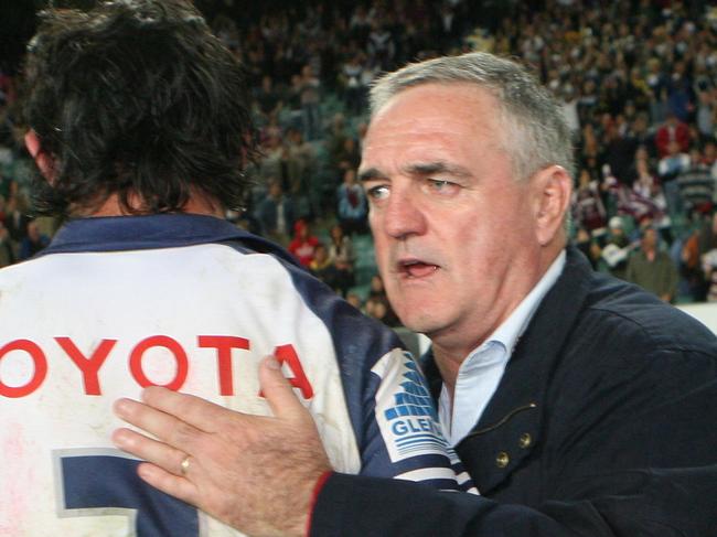 Cowboys Johnathan Thurston end of game with coach Graham Murray v Manly at Sydney football stadium.