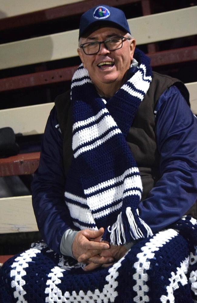 Stalwart Brendon Hall decked out in the blue and white of his beloved Rockhampton Brothers footy club.