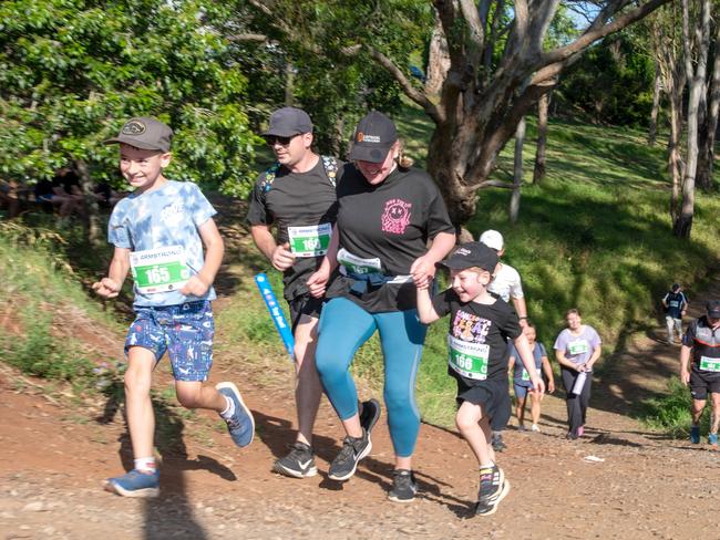 Crossing the finish line together the family complete the 5km hike, Lucas Maloney, Jayden Maloney, Courtney Bishop and Lily Maloney.Hike for Homeless held at Jubilee Park. October 19th, 2024