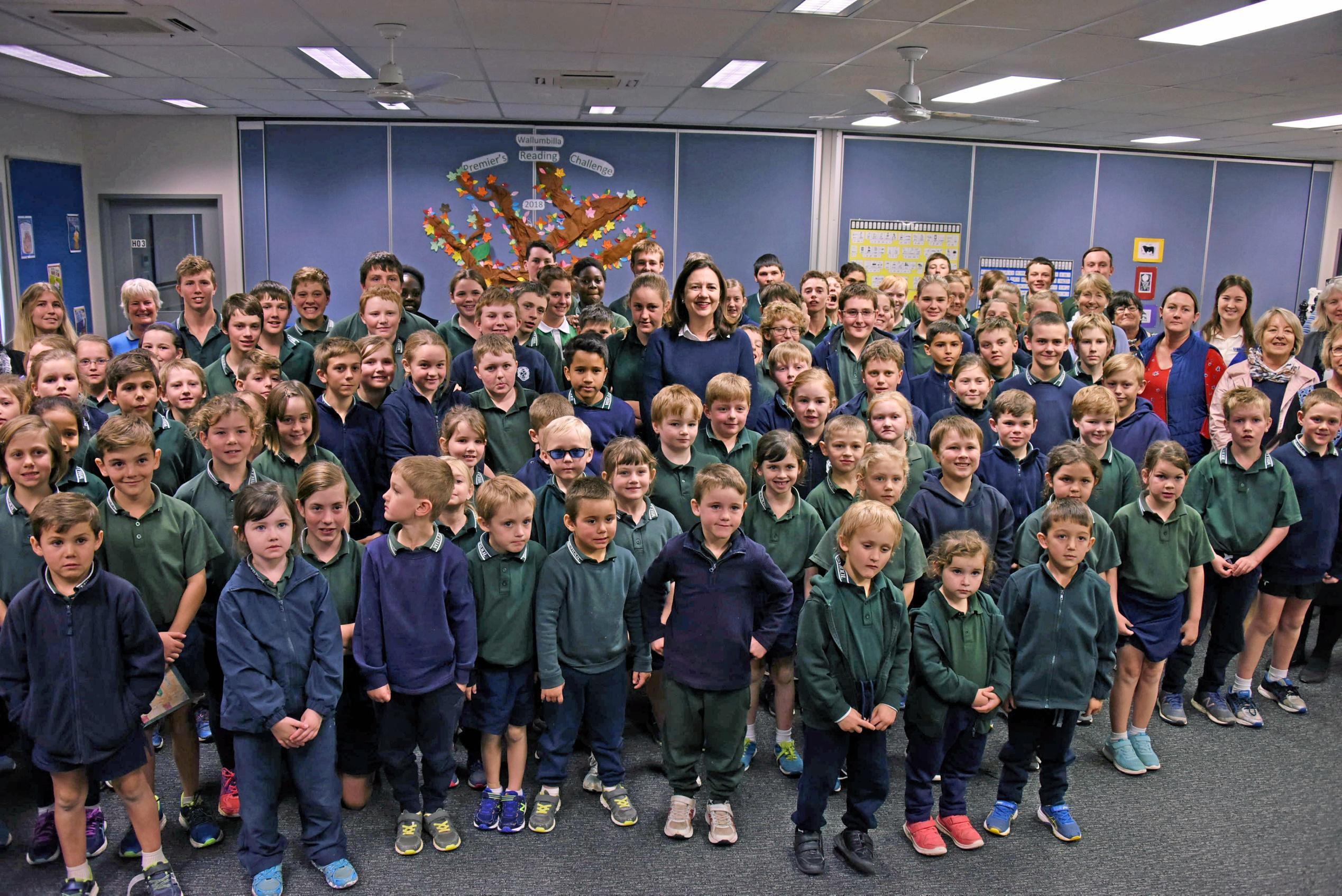 The premier poses with Wallumbilla State School students. Picture: Alexia Austin