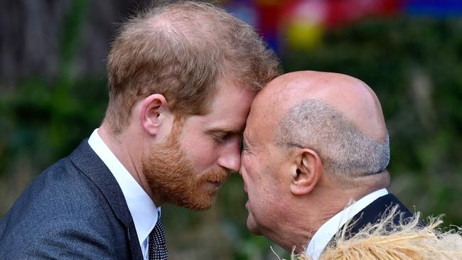 Prince Harry receives a “hongi”. Picture: AFP