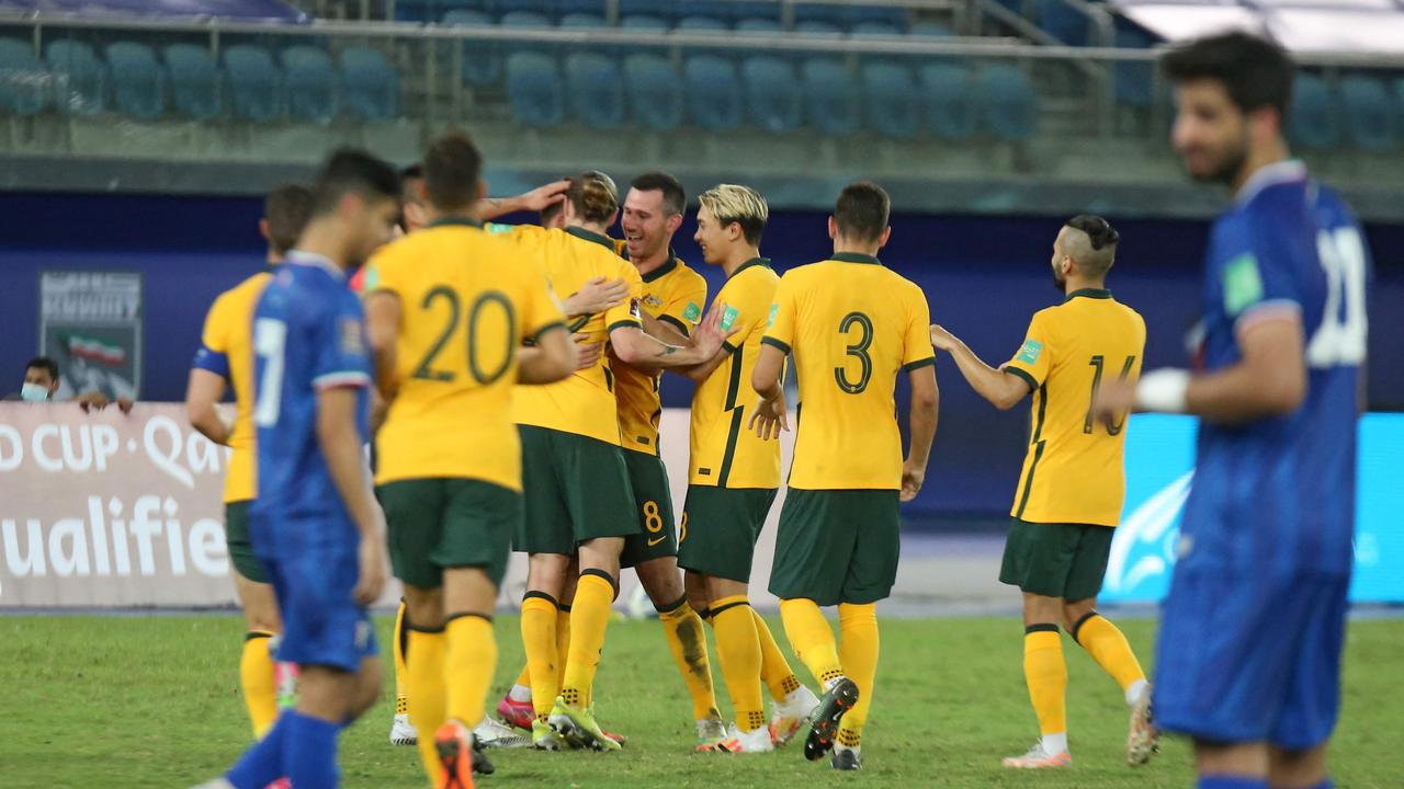 The Socceroos celebrate Ajdin Hrustic’s goal against Kuwait. Picture: Yasser Al-Zayyat / AFP