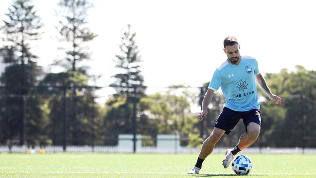 Sydney FC‘s Anthony Caceres trains in isolation at Waverley Park last week. The Sky Blues were leading the A-League before the competition was locked down Picture: Getty Images