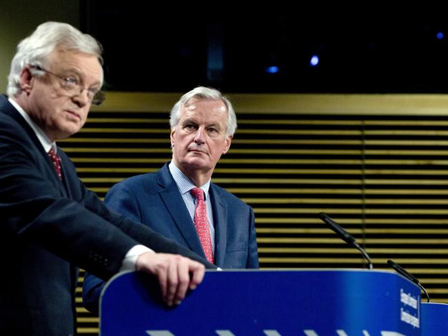 EU chief Brexit negotiator Michel Barnier, right, and British Secretary of State for Exiting the European Union David Davis during largely unproductive talks in Brussels this week. Picture: AP/Virginia Mayo
