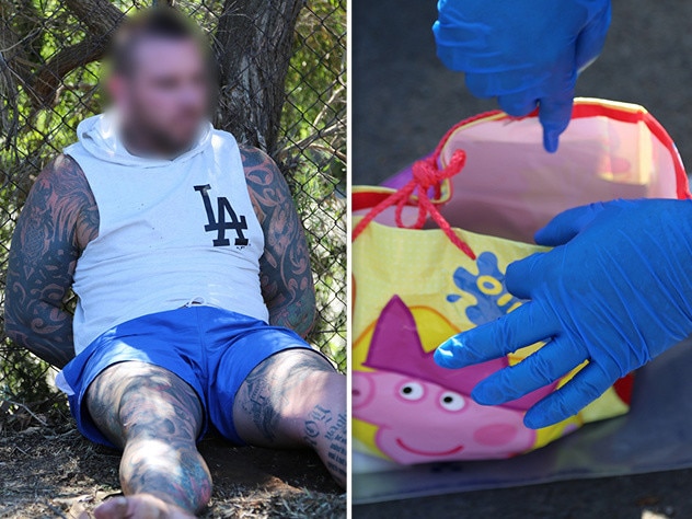 One of the arrested men watched on as police searched a car and the Peppa Pig bag.