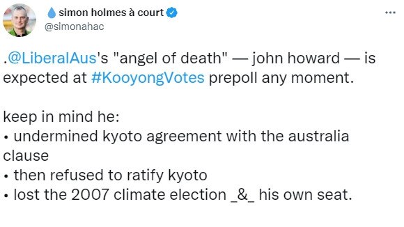 Climate 200 financier Simon Holmes a Court has drawn criticism for a Twitter post where he refers to former PM John Howard as the ‘Angel of Death’.