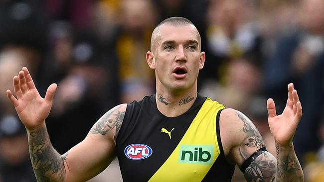 MELBOURNE, AUSTRALIA - MAY 07: Dustin Martin of the Tigers reacts to an umpire decision during the round eight AFL match between the Richmond Tigers and the Collingwood Magpies at Melbourne Cricket Ground on May 07, 2022 in Melbourne, Australia. (Photo by Quinn Rooney/Getty Images)