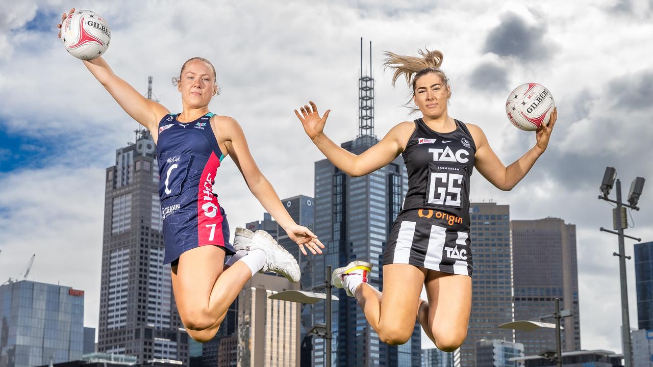 Sophie Garbin - Collingwood Magpies Hannah Mundy - Melbourne Vixens Over Melbourne skyline for upcoming game against each other. Picture: Jason Edwards