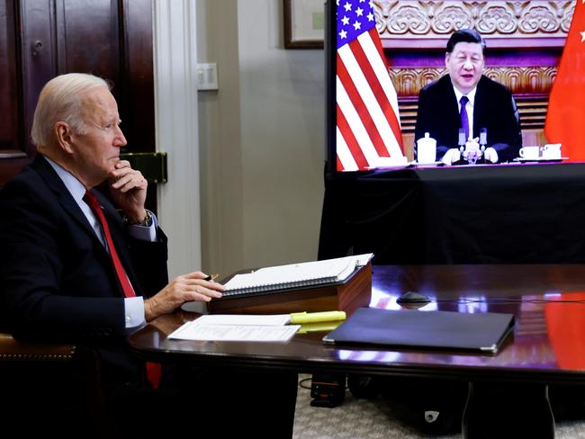 U.S. President Joe Biden speaks virtually with Chinese leader Xi Jinping from the White House in Washington, U.S. November 15, 2021.  REUTERS/Jonathan Ernst