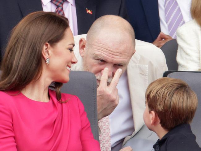 LONDON, ENGLAND - JUNE 05: Catherine, Duchess of Cambridge, Mike Tindall and Prince Louis of Cambridge speak ahead the Platinum Pageant on June 05, 2022 in London, England. The Platinum Jubilee of Elizabeth II is being celebrated from June 2 to June 5, 2022, in the UK and Commonwealth to mark the 70th anniversary of the accession of Queen Elizabeth II on 6 February 1952.  (Photo by Chris Jackson - WPA Pool/Getty Images)