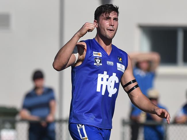 Todd Elton celebrates a goal for Hastings last season. Picture: James Ross